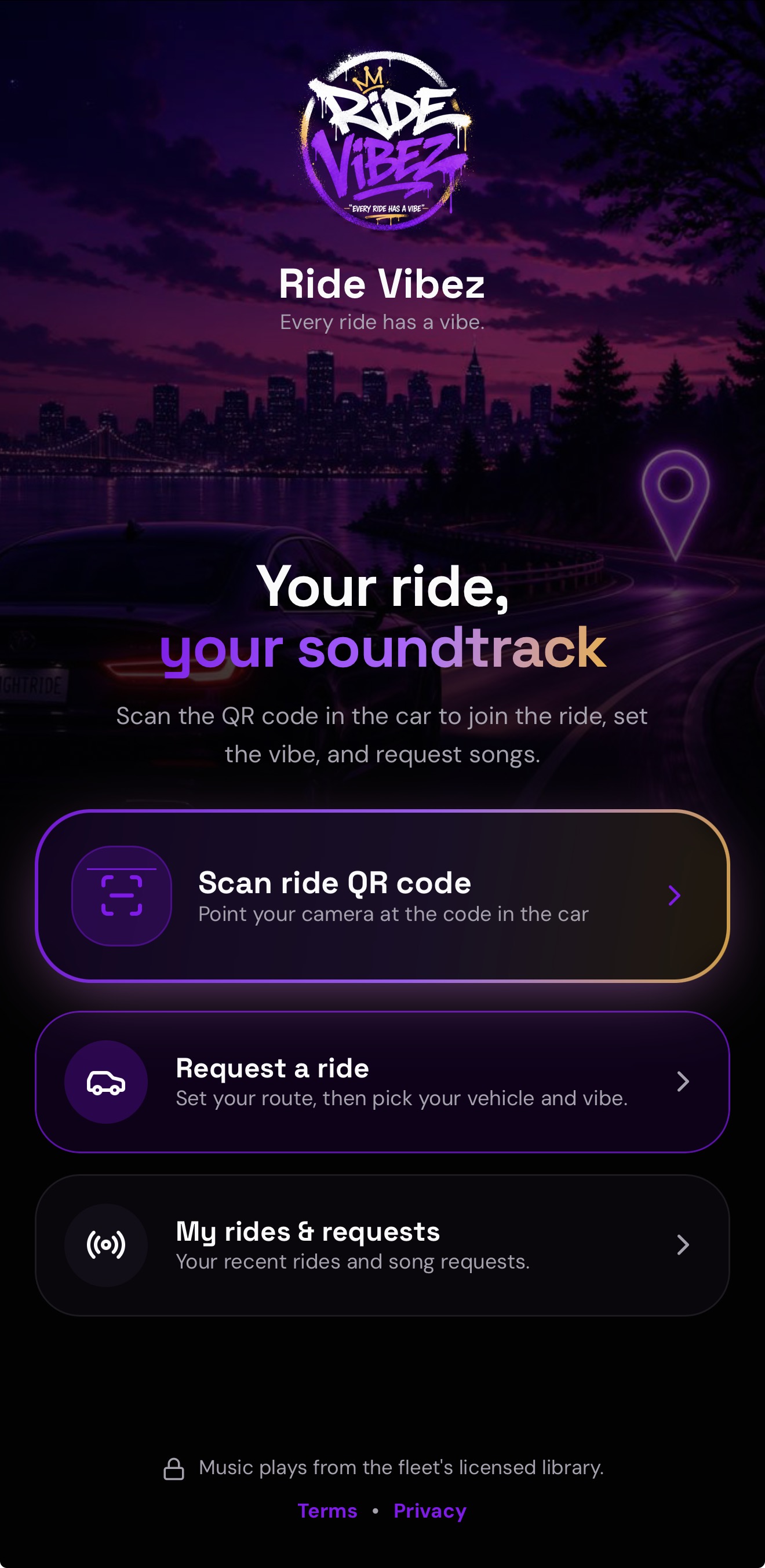 Ride Vibez app home screen