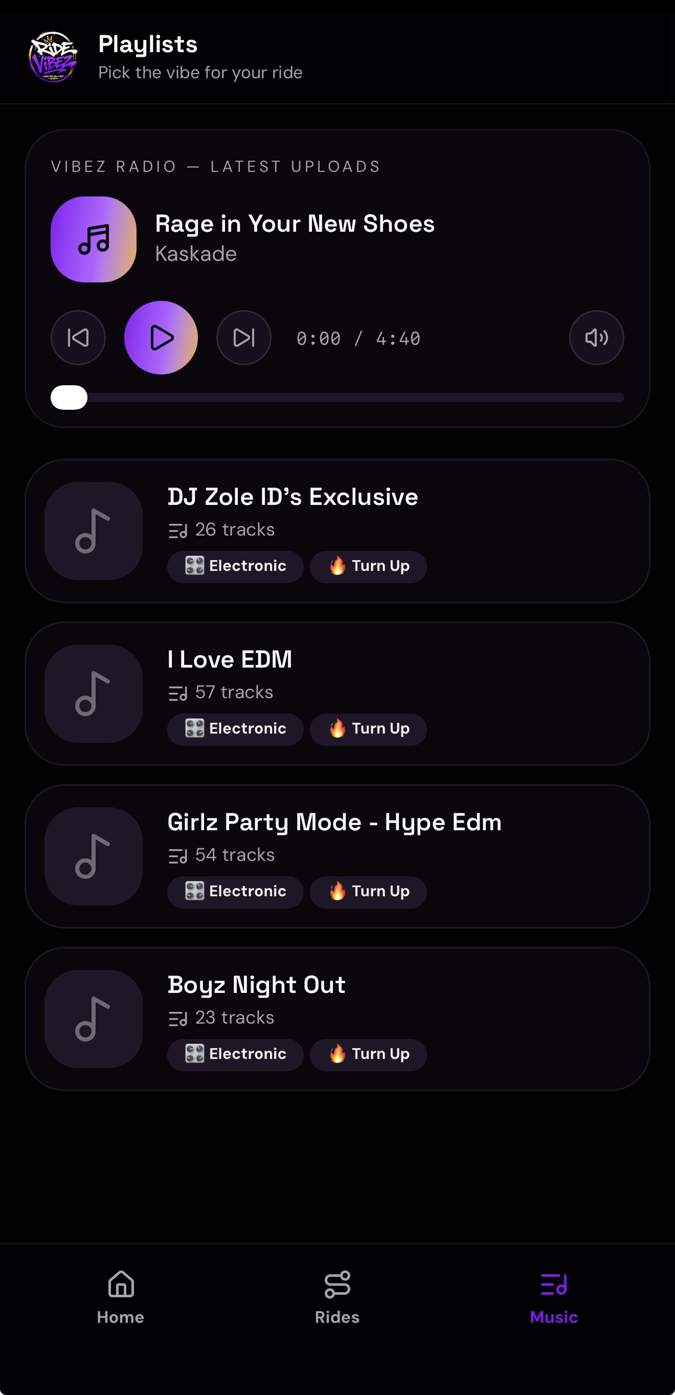 Ride Vibez app music screen showing the player and ride playlists