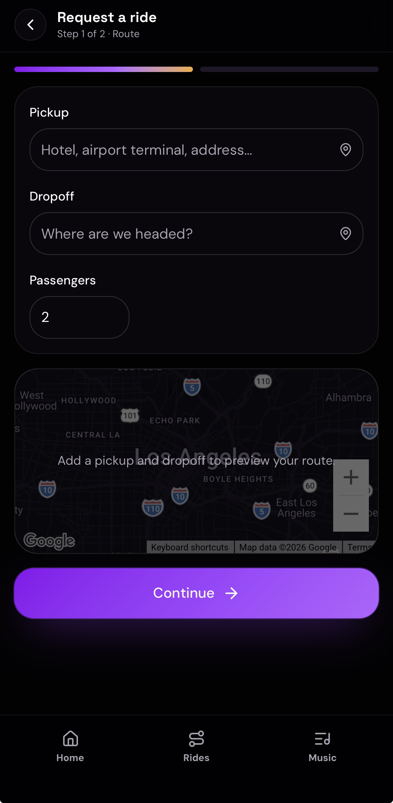 Ride Vibez app ride-request screen showing pickup, dropoff, passenger count and route map